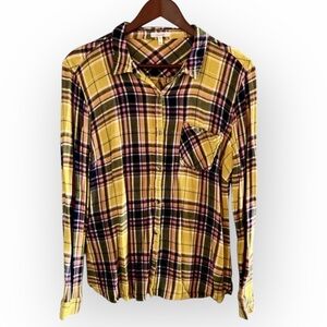 Maurices Women's XL Yellow Plaid Button Down Rayon Shirt‎ Long Sleeve Cabincore